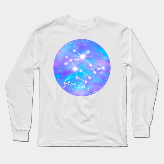 Gemini Zodiac sign constellation on galaxy background Long Sleeve T-Shirt by Orangerinka